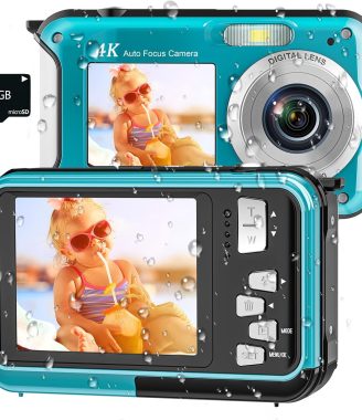 4K Underwater Camera 11FT Waterproof Camera with 32GB Card 56MP Autofocus Dual-Screen Selfie Underwater Camera for Snorkeling Waterproof Compact Floatable Digital Camera 1250mAh Battery Type-C (Blue)