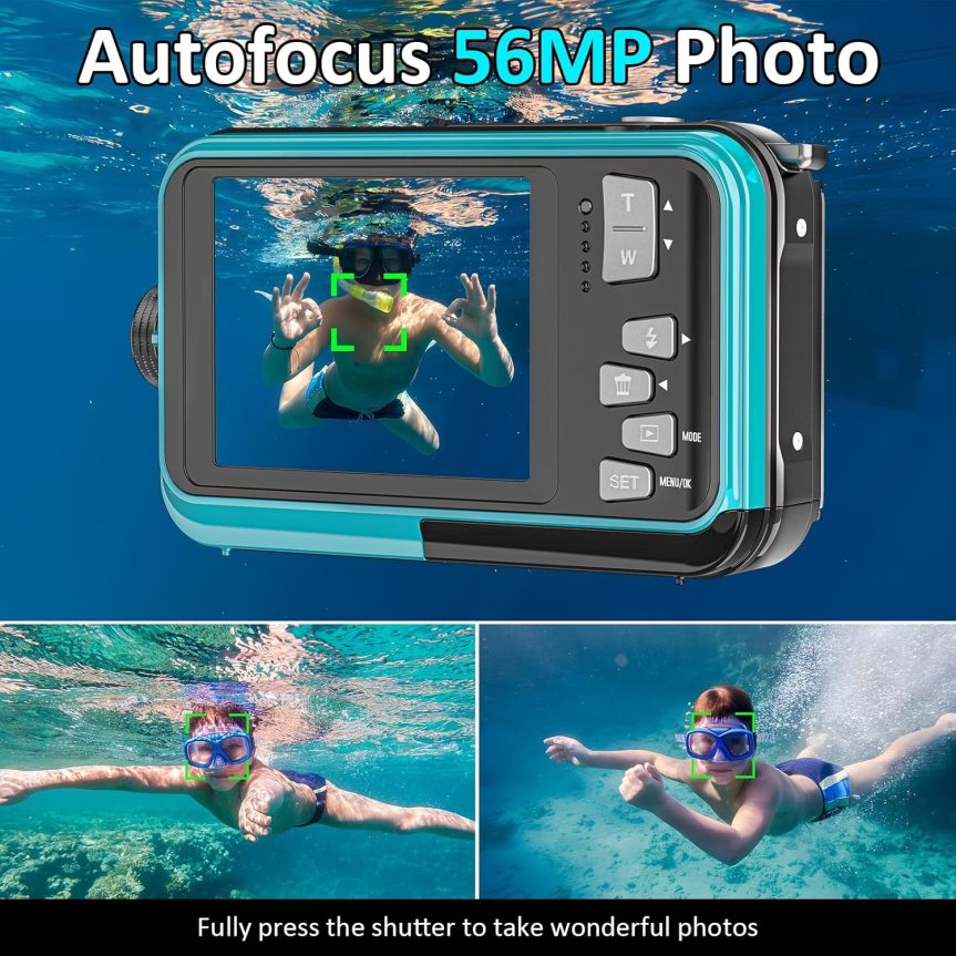 4K Underwater Camera 11FT Waterproof Camera with 32GB Card 56MP Autofocus Dual-Screen Selfie Underwater Camera for Snorkeling Waterproof Compact Floatable Digital Camera 1250mAh Battery Type-C (Blue) - Image 4