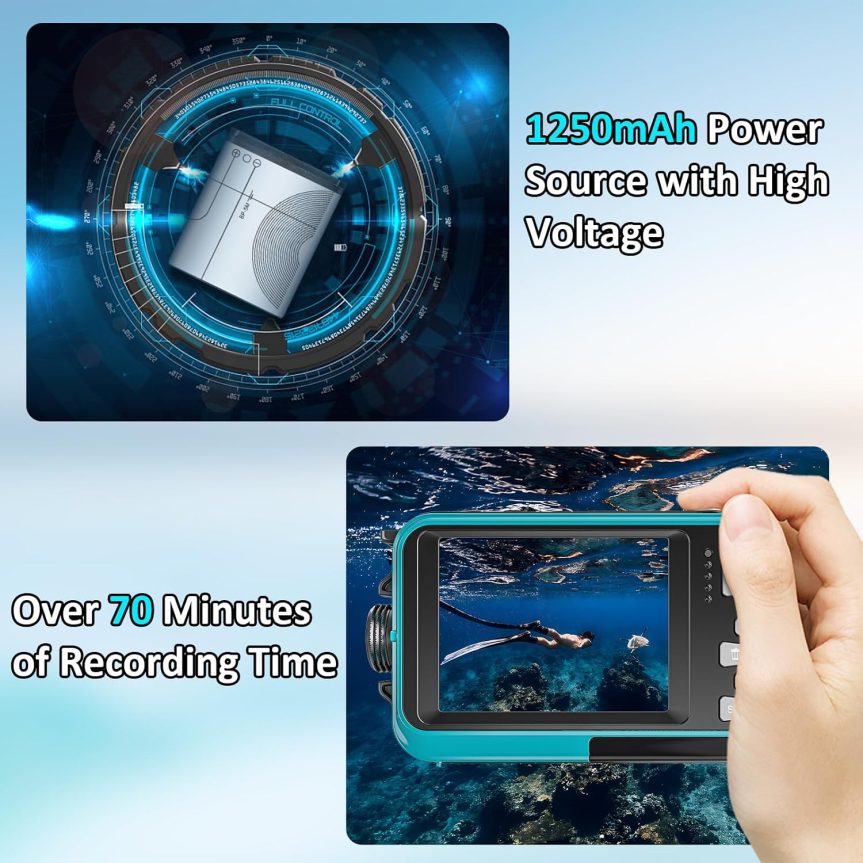 4K Underwater Camera 11FT Waterproof Camera with 32GB Card 56MP Autofocus Dual-Screen Selfie Underwater Camera for Snorkeling Waterproof Compact Floatable Digital Camera 1250mAh Battery Type-C (Blue) - Image 5