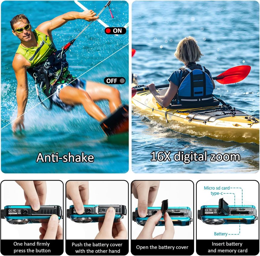 4K Underwater Camera 11FT Waterproof Camera with 32GB Card 56MP Autofocus Dual-Screen Selfie Underwater Camera for Snorkeling Waterproof Compact Floatable Digital Camera 1250mAh Battery Type-C (Blue) - Image 7