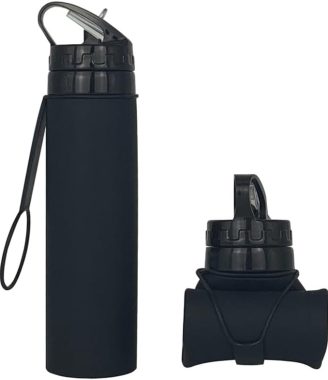 Collapsible Water Bottles 15oz, Odorless BPA-Free Silicone, Leak-Proof Foldable Reusable Bottle - Perfect for Cruise Travel Sports Gym Hiking Camping Cycling - Black