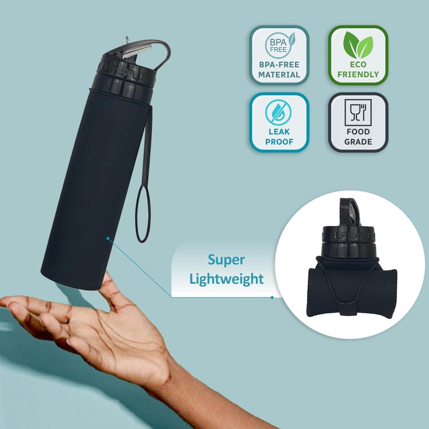 Collapsible Water Bottles 15oz, Odorless BPA-Free Silicone, Leak-Proof Foldable Reusable Bottle - Perfect for Cruise Travel Sports Gym Hiking Camping Cycling - Black - Image 3