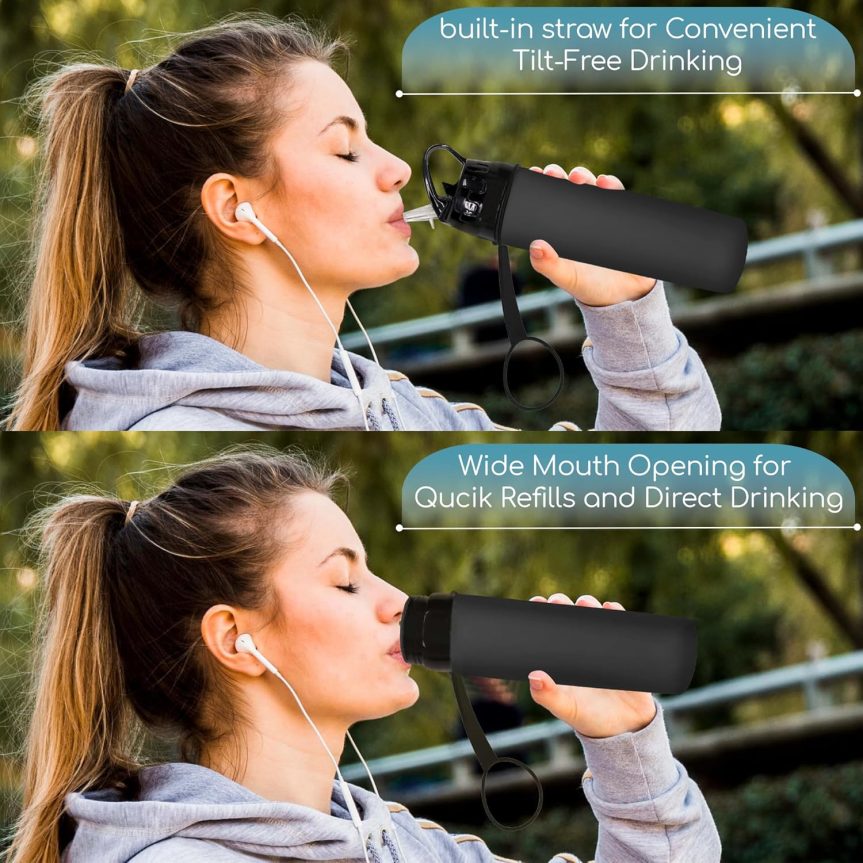 Collapsible Water Bottles 15oz, Odorless BPA-Free Silicone, Leak-Proof Foldable Reusable Bottle - Perfect for Cruise Travel Sports Gym Hiking Camping Cycling - Black - Image 7