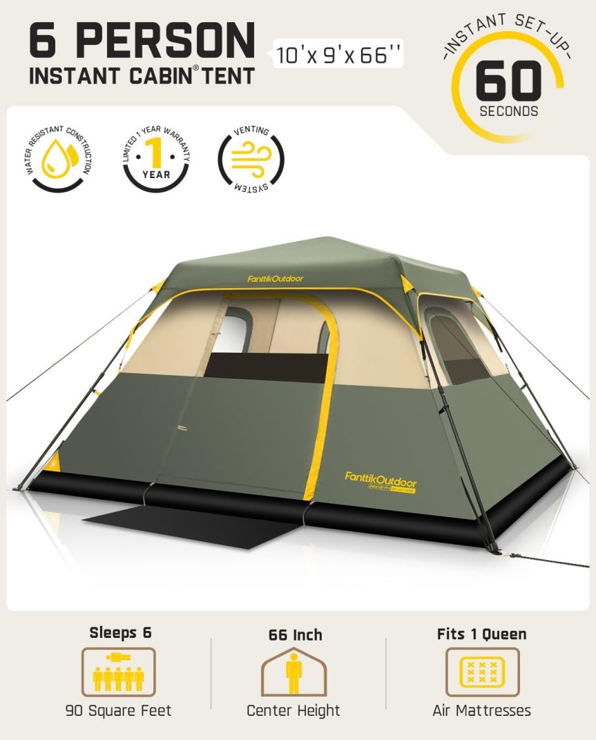 FanttikOutdoor Camping Tent 4/6/8/10 Person Instant Cabin Tent Setup in 60 Seconds with Rainfly & Windproof Portable with Carry Bag for Family Camping & Hiking, Upgraded Ventilation - Image 5