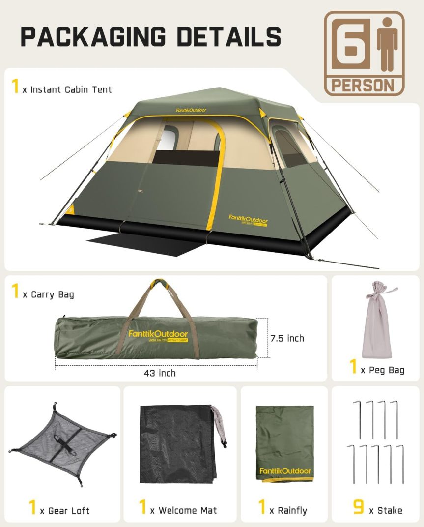FanttikOutdoor Camping Tent 4/6/8/10 Person Instant Cabin Tent Setup in 60 Seconds with Rainfly & Windproof Portable with Carry Bag for Family Camping & Hiking, Upgraded Ventilation - Image 6